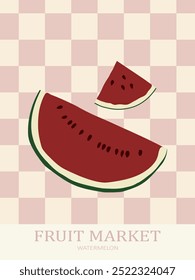 Watermelon fruit market poster retro groovy fruits on checkered background. Aesthetic contemporary wall print.