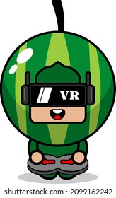 personaje de caricatura vectorial de disfraces de mascota de la sandía jugando juego de realidad virtual