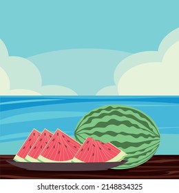 watermelon fruit on table in the beach