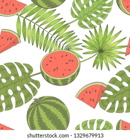 Watermelon fruit palm leaf graphic color seamless pattern background sketch illustration vector