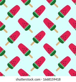 Watermelon fruit popsicles seamless pattern with light blue background. Cute fruit pattern.