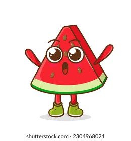watermelon fruit raise hands up. Illustration of a cute watermelon character who is pleased with both hands raised