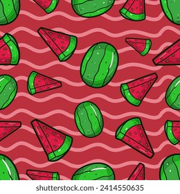 Watermelon Fruit Seamless Pattern in Cartoon Style. Perfect For Background, Backdrop, Wallpaper and Cover Packaging. Vector Illustration.