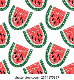 Watermelon fruit seamless pattern. Food sketch illustration. Natural background