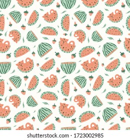 Watermelon fruit seamless pattern in hand-drawn style. Vector repeat background for colorful summer fabric.