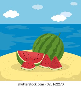 Watermelon Fruit Slice at the Beach. Illustration of watermelon on beach background.