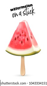 Watermelon fruit slice ice cream popsicle eskimo stick. Realistic 3d sweet dessert ripe food. Healthy juicy summer berry, vacation. Fresh vitamin nutrition. Isolated illustration, white background