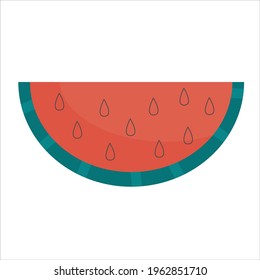 Watermelon fruit slice is isolated on white background. Summer dessert and appetizer. Vector illustration in a flat linear style. Juicy watermelon fruit