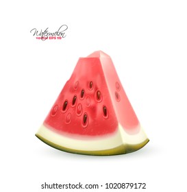 Watermelon fruit slice. Realistic 3d sweet dessert ripe food. Healthy juicy summer berry, vacation. Fresh vitamin nutrition. Isolated illustration, white background, retail advertising poster design
