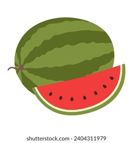 Watermelon fruit and watermelon slice with seeds. Fresh and juicy berry. Vector flat illustration isolated on white background