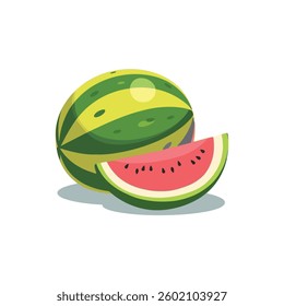 Watermelon fruit slice and a whole. Set of colorful watermelon icons on a white background.