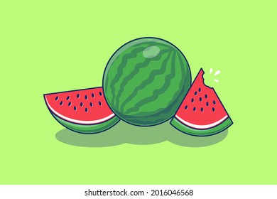 Watermelon Fruit and Slices Flat Illustration Design. Cute-Fruit-Symbol oder Logo einzeln auf weichgrünem Hintergrund