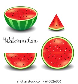 Watermelon fruit slicing collection, Half, quarter, one-eighth, isometric- vector illustrator