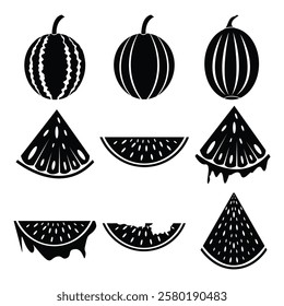 Watermelon Fruit Vector Pack, Solid Black Silhouettes of Whole and Sliced Pieces, EPS 10