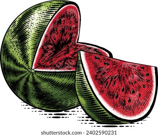 A watermelon fruit in a vintage woodcut engraved etching style drawing