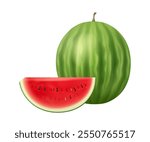 Watermelon fruit whole and slice, sweet food. Vector 3D illustration of healthy food, natural organic healthy fruit, fresh vitamins, natural delicious fruit, juice packaging design element