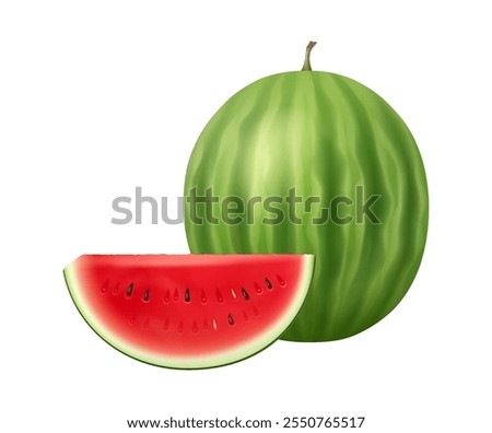 Watermelon fruit whole and slice, sweet food. Vector 3D illustration of healthy food, natural organic healthy fruit, fresh vitamins, natural delicious fruit, juice packaging design element