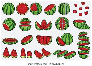 Watermelon fruits cartoon set with slice, half, cutting and different pose. Design elements for backdrop, pattern, wallpaper, label, flavor, strain and packaging. Vector Illustration.