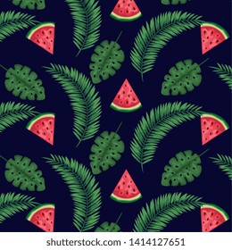 watermelon fruits with exotic leaves plants background