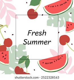 Watermelon fruits frame for text message. Modern kitchen tropical fruits composition. Vector illustration.