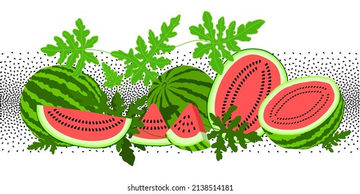 Watermelon fruits, leaves and seeds set. Hand drawn graphic summer collection. Healthy food elements.