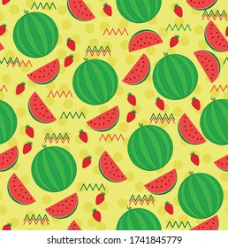Watermelon fruits pattern.  Background with juicy fruits. Fruit seamless pattern. Vector illustration.