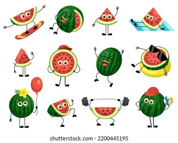 Watermelon funny cartoon characters joyful freetime. Isolated fruits swim, surfing on board and training. Cute smiling and laughing garish comic vector set