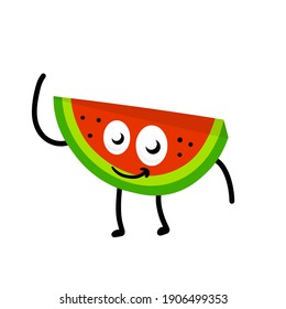 Watermelon. Funny character. The summer food. Mascot in hands and feet. Flat caroon isolated on white