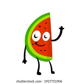 Watermelon. Funny character. The summer food. Mascot in hands and feet. Flat cartoon isolated on white