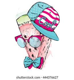 Watermelon in glasses and a cap. Vector illustration for greeting card, poster, or print on clothes.