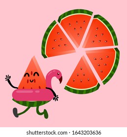 La sandía va a la playa vector un concepto de tiempo de verano. Ilustración vectorial de vacaciones. Un cartel con un elemento de sandía colocado en un fondo rosa. 