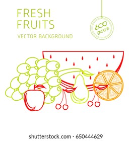 Watermelon, grapes, apple, pear, cherry, orange, fruit set, vector background, fresh fruit, healthy diet, greeting card