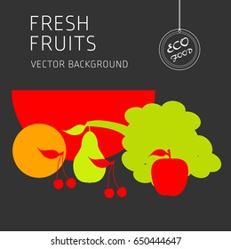 Watermelon, grapes, apple, pear, cherry, orange, fruit set, vector background, fresh fruit, healthy diet, greeting card