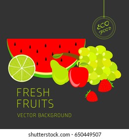 Watermelon, grapes, pear, lime, apple, strawberry, fruit set, vector background, fresh fruit, healthy diet, greeting card