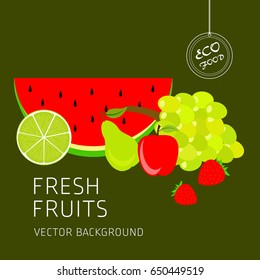 Watermelon, grapes, pear, lime, apple, strawberry, fruit set, vector background, fresh fruit, healthy diet, greeting card