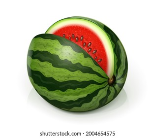 Watermelon. Green Juicy Fruit, Isolated on White Background, Watermelons realistic fruits. Vector. Eps10 vector illustration.