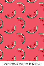 Cartão de saudação de melancia, cartaz com fundo vermelho suculento frutas fatias crosta verde repetida textura de verão moderno design de superfície tropical para envolver tecido de papel têxtil papel de parede vibração alegre