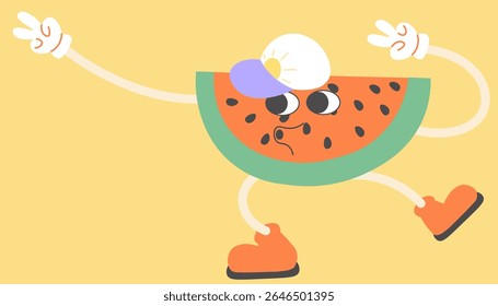 watermelon groovy character in doodle style. elements for mascot decor postcard design print sticker poster background