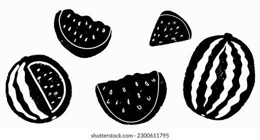 Watermelon. Grunge watermelon set, watermelon slices. Black set in linocut style. Hand drawn vector illustration. Elements for design