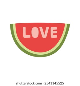 Meia-lua de melancia com letras de amor. ilustração desenhada à mão de frutas de verão de desenho animado