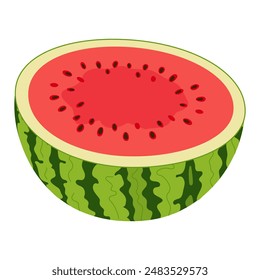 Watermelon half. Ripe red cut watermelon. Hand drawn Trendy flat style isolated half fruit organic natural dessert, healthy sweet red juicy Sliced summer fruit. Vector illustration