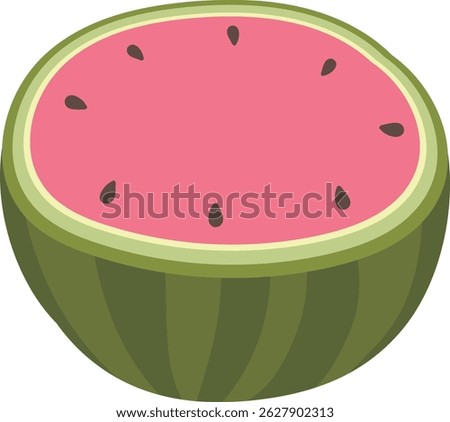 A watermelon half is shown in a cartoon style with a smooth rind and seeds.  This juicy, refreshing fruit is depicted in a simple, bold manner for use in various projects. Cartoon vector illustration