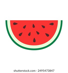 Icono de media rebanada de sandía. Corta las semillas de sandía. Carne de bayas de frutas rojas. Comida saludable y natural. Melón de agua dulce. Frutas tropicales. Piel verde. Fondo blanco. Diseño plano. Ilustración vectorial