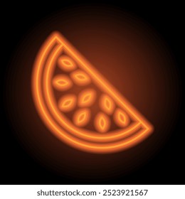 Melancia meia fatia simples ícone vetor. Design plano. Néon laranja no fundo preto.ai