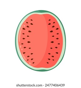 Watermelon half slice with vibrant green rind and red flesh with black seeds. Flat vector illustration. Summer fruit drawing for food graphics, menu, icon, logo, postcard, invitation.