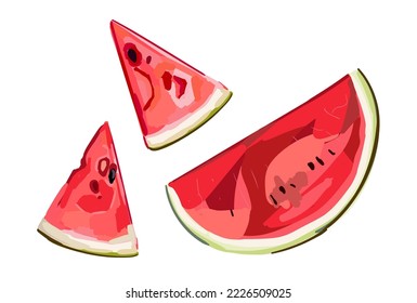 Watermelon half and slices. Red watermelon piece with bite. Illustration of watermelon freshness nature. Cartoon style.