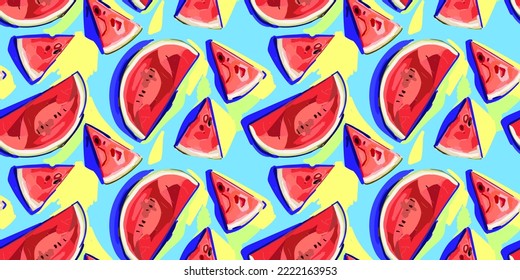 Watermelon half and slices seamless pattern. Red watermelon piece with bite. Illustration of watermelon freshness nature. Cartoon style.