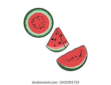 watermelon half, slices and triangles. Red watermelon piece with bite. Sliced cocktail water melon fruit vector set. Illustration of watermelon freshness natural Fruit.