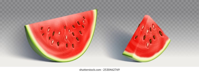 Meia melancia e fatia triangular com sementes sobre fundo transparente. Framboesa vermelha madura com casca verde para suco e design de coquetel de verão. Vetor 3d realista conjunto de peças de corte de frutas frescas.