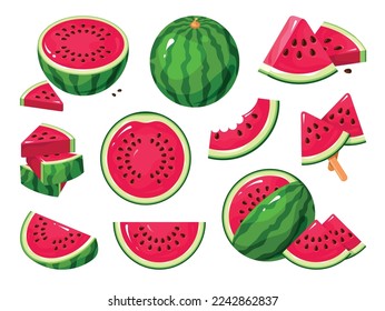 Watermelon half whole slice piece on stick summer sweet dessert set isometric vector illustration. Red vitamin tropical fruit berry green peel and seeds healthy food exotic natural delicious treat